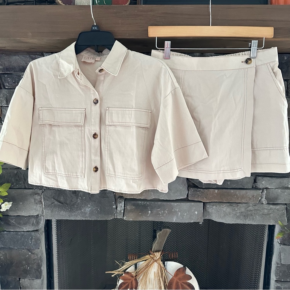 Good Luck Gem Cream Button-Up Top and Skirt Set